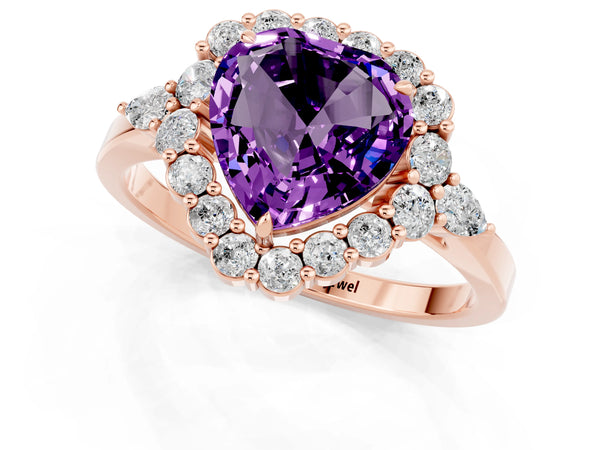 Rose gold Heart Cut Amethyst Halo Ring with Pear Side Stones and Prong Setting