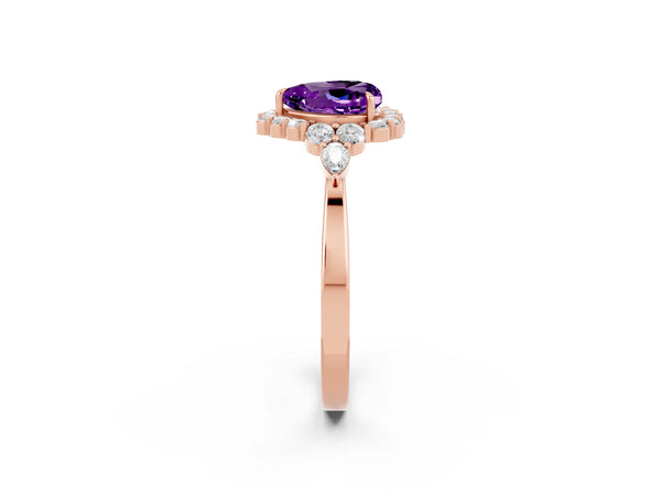 Rose gold Heart Cut Amethyst Halo Ring with Pear Side Stones and Prong Setting