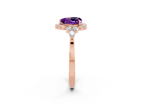 Rose gold Heart Cut Amethyst Halo Ring with Pear Side Stones and Prong Setting_14