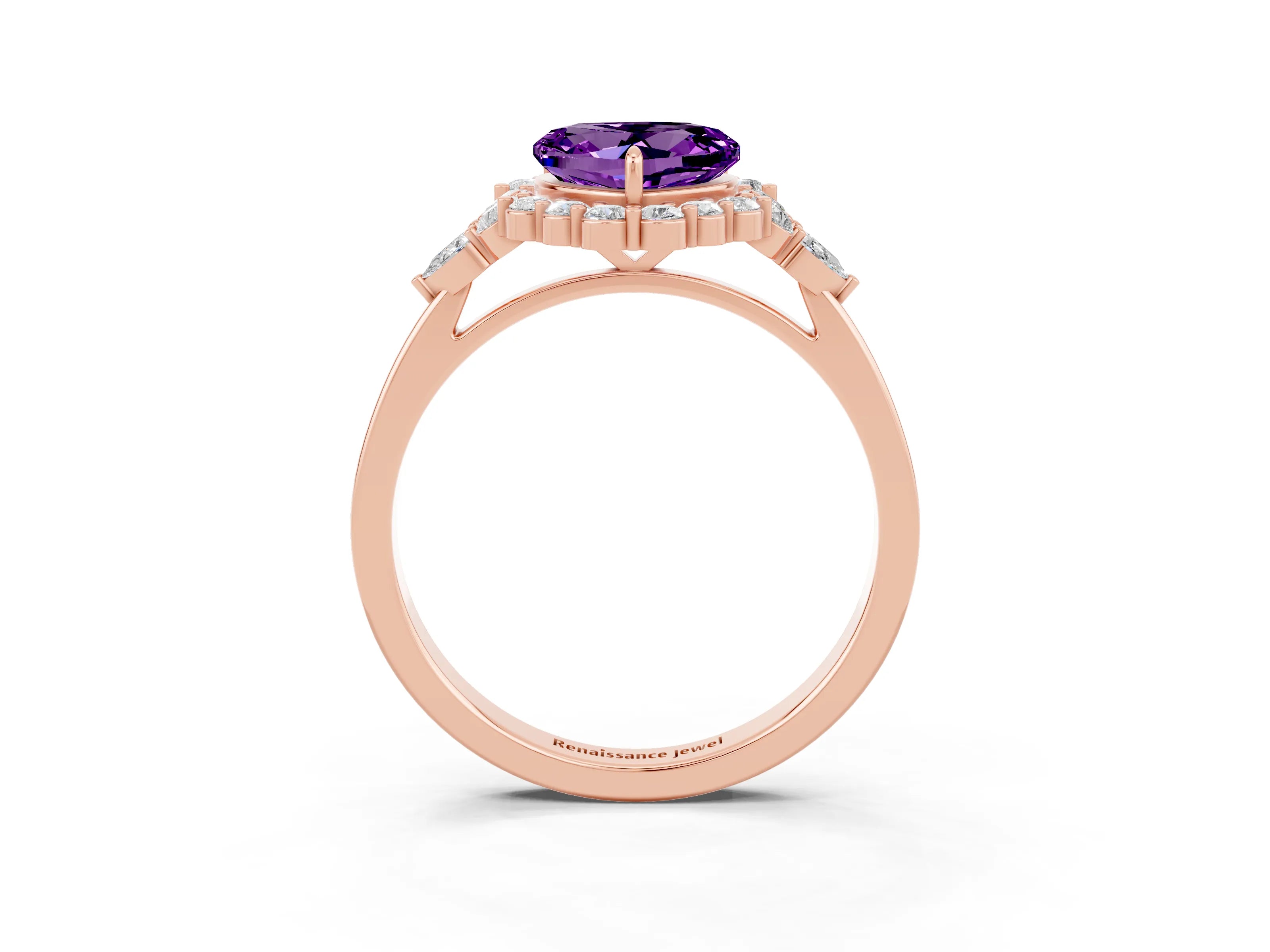Rose gold Heart Cut Amethyst Halo Ring with Pear Side Stones and Prong Setting_15