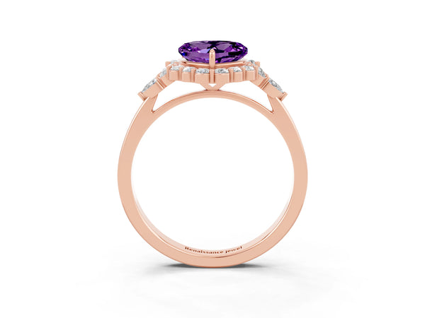 Rose gold Heart Cut Amethyst Halo Ring with Pear Side Stones and Prong Setting