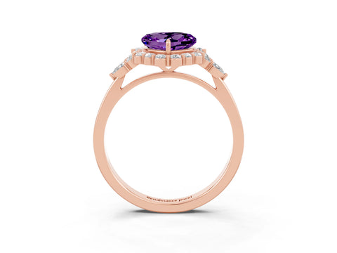 Rose gold Heart Cut Amethyst Halo Ring with Pear Side Stones and Prong Setting_15