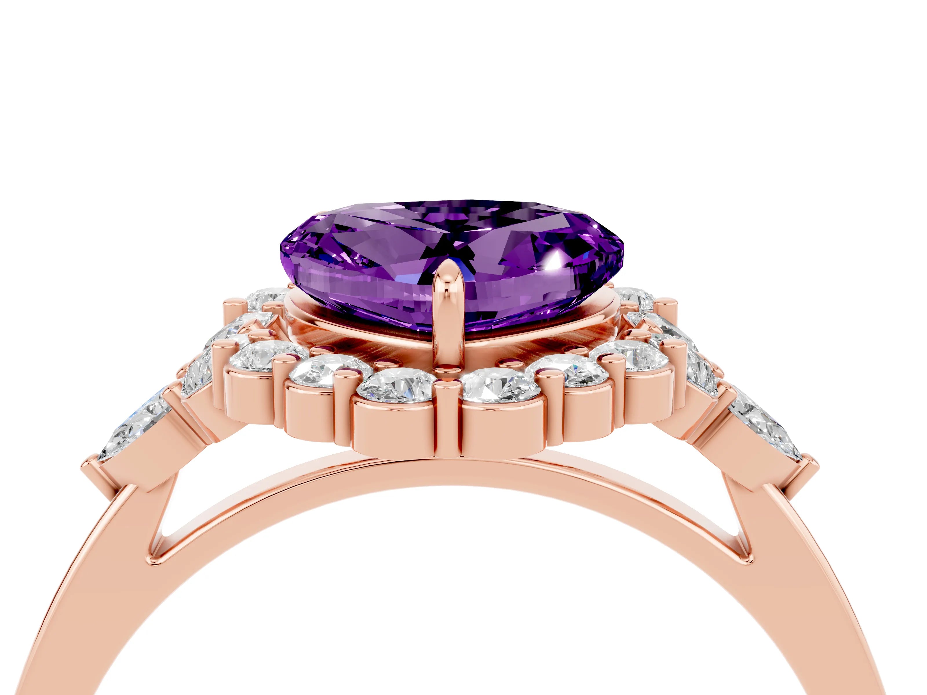 Rose gold Heart Cut Amethyst Halo Ring with Pear Side Stones and Prong Setting_16