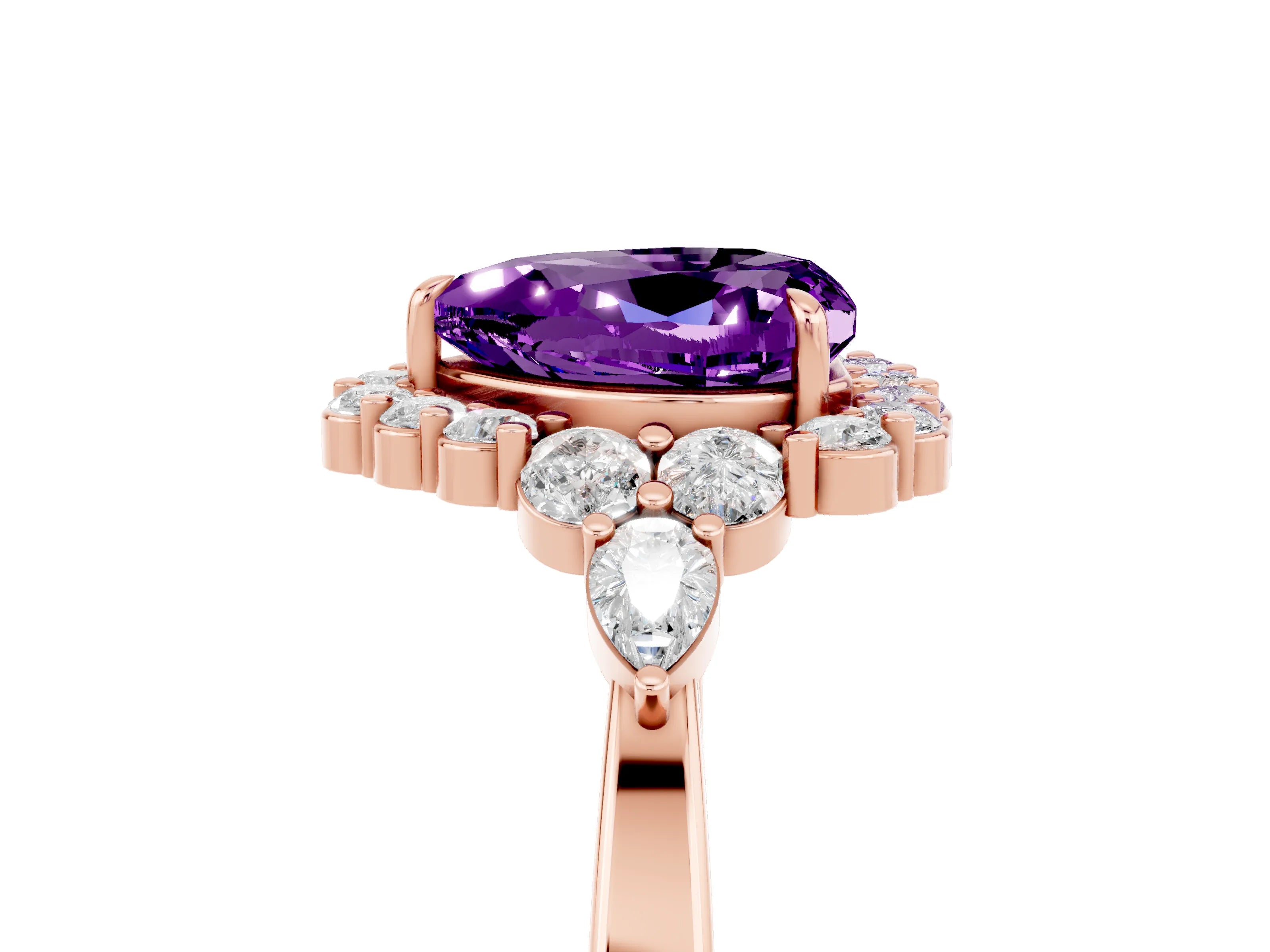 Rose gold Heart Cut Amethyst Halo Ring with Pear Side Stones and Prong Setting_17