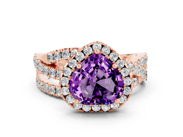 Rose gold Heart Cut Amethyst Halo Ring with Round Split Shank and Prong Setting