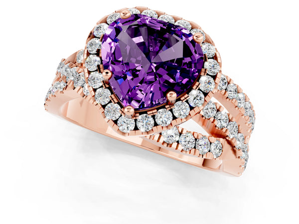 Rose gold Heart Cut Amethyst Halo Ring with Round Split Shank and Prong Setting