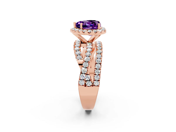 Rose gold Heart Cut Amethyst Halo Ring with Round Split Shank and Prong Setting