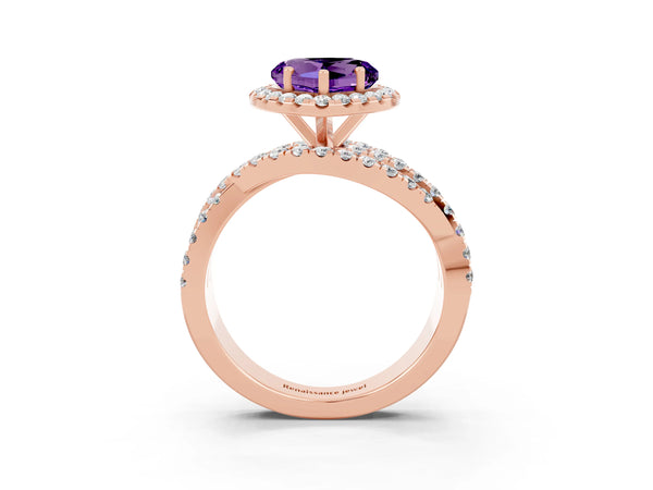 Rose gold Heart Cut Amethyst Halo Ring with Round Split Shank and Prong Setting