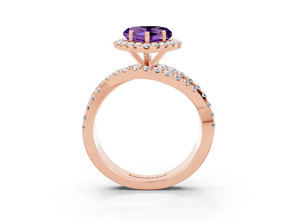 Rose Gold Heart-Shaped Amethyst Halo Engagement Ring with Twisted Pave Split Shank