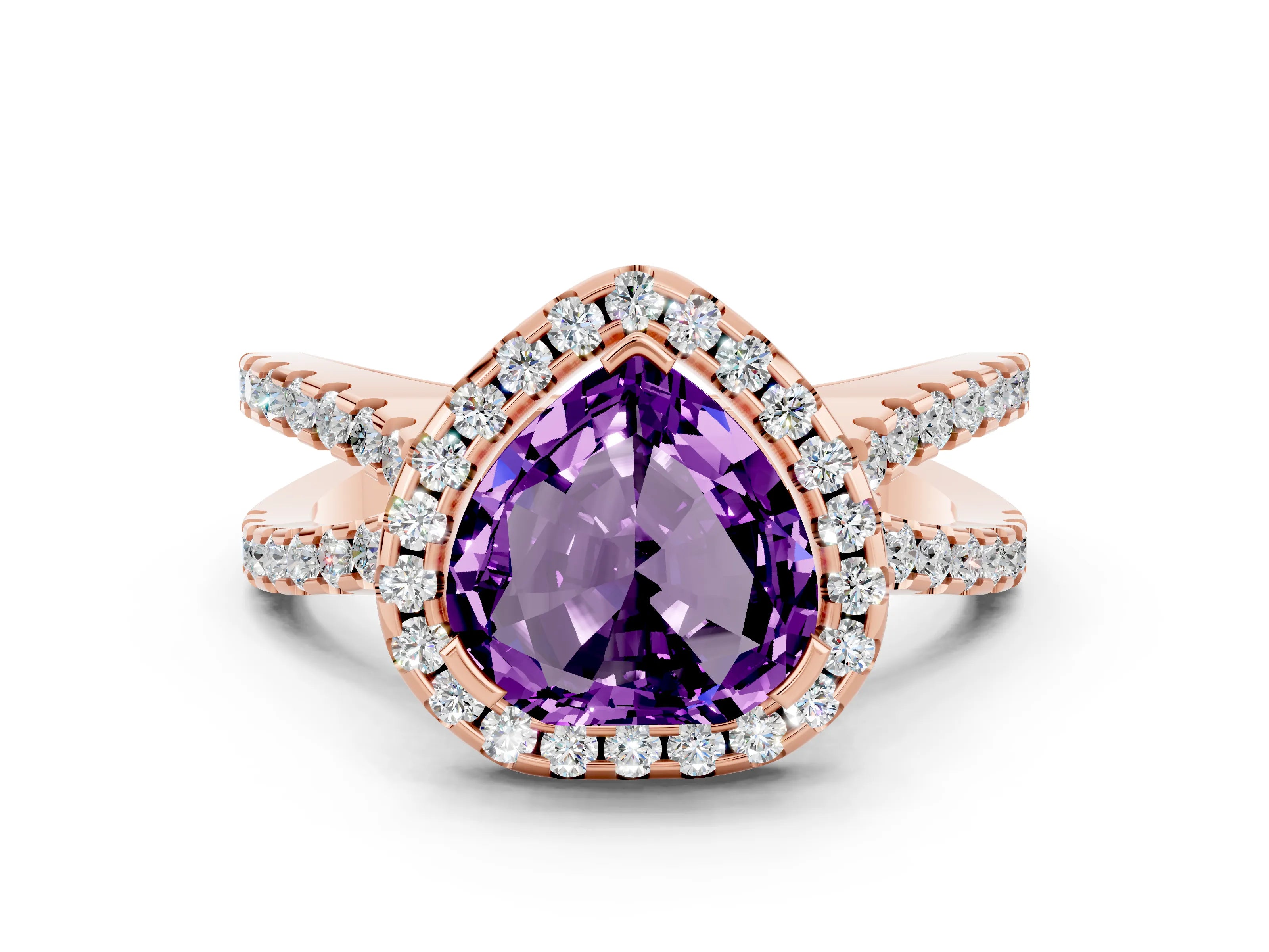 Rose gold Heart Cut Amethyst Halo Ring with Split Shank Pavé Band and Prong Setting
