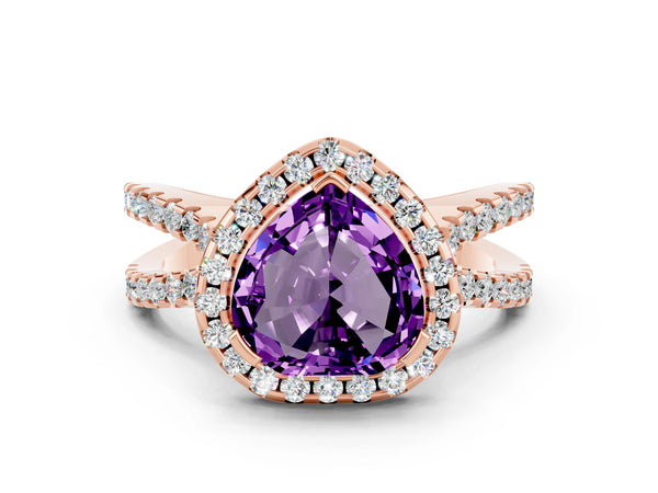 Rose gold Heart Cut Amethyst Halo Ring with Split Shank Pavé Band and Prong Setting