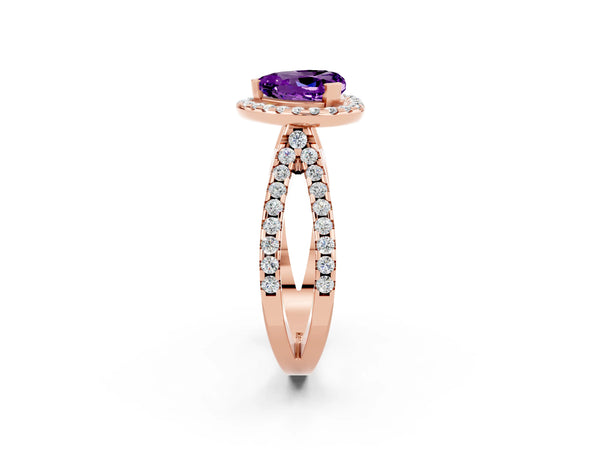Rose gold Heart Cut Amethyst Halo Ring with Split Shank Pavé Band and Prong Setting