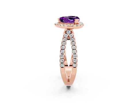 Rose gold Heart Cut Amethyst Halo Ring with Split Shank Pavé Band and Prong Setting_2