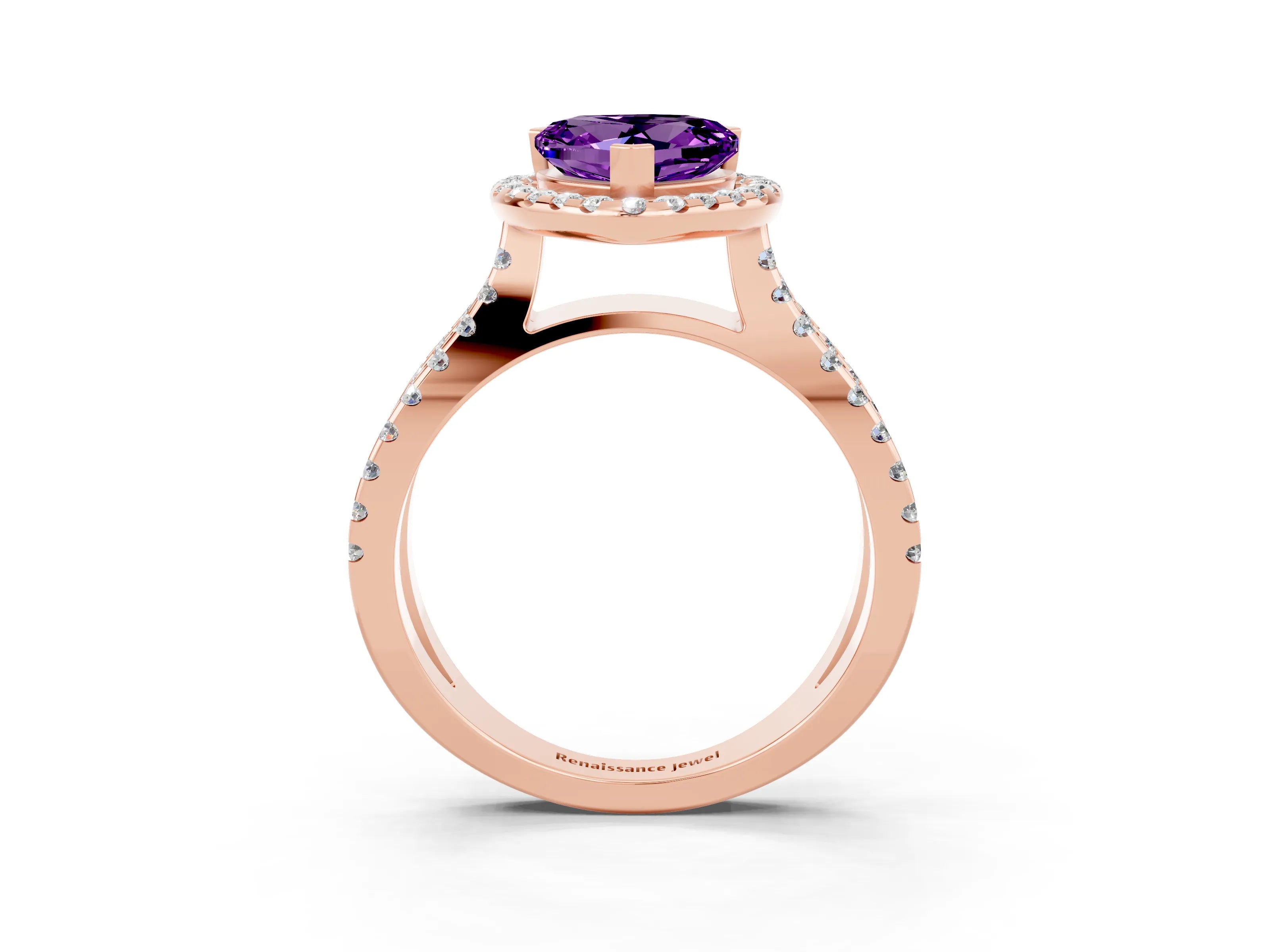 Rose gold Heart Cut Amethyst Halo Ring with Split Shank Pavé Band and Prong Setting_3