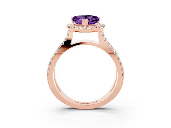 Rose gold Heart Cut Amethyst Halo Ring with Split Shank Pavé Band and Prong Setting