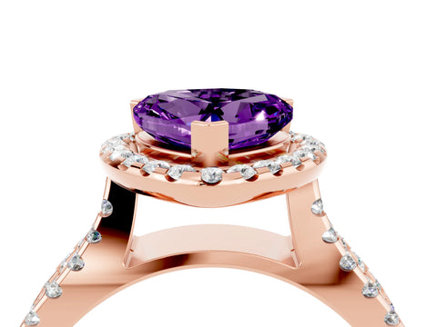 Rose gold Heart Cut Amethyst Halo Ring with Split Shank Pavé Band and Prong Setting_4