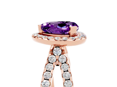 Rose gold Heart Cut Amethyst Halo Ring with Split Shank Pavé Band and Prong Setting_5