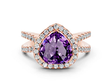 Rose gold Heart Cut Amethyst Halo Ring with Split Shank Pavé Band and Prong Setting