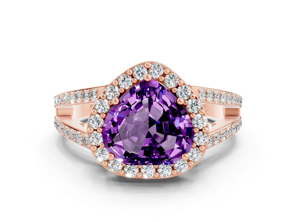 Rose gold Heart Cut Amethyst Halo Ring with Split Shank U-Prong Band and Four-Prong Setting