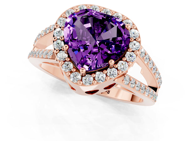Rose gold Heart Cut Amethyst Halo Ring with Split Shank U-Prong Band and Four-Prong Setting
