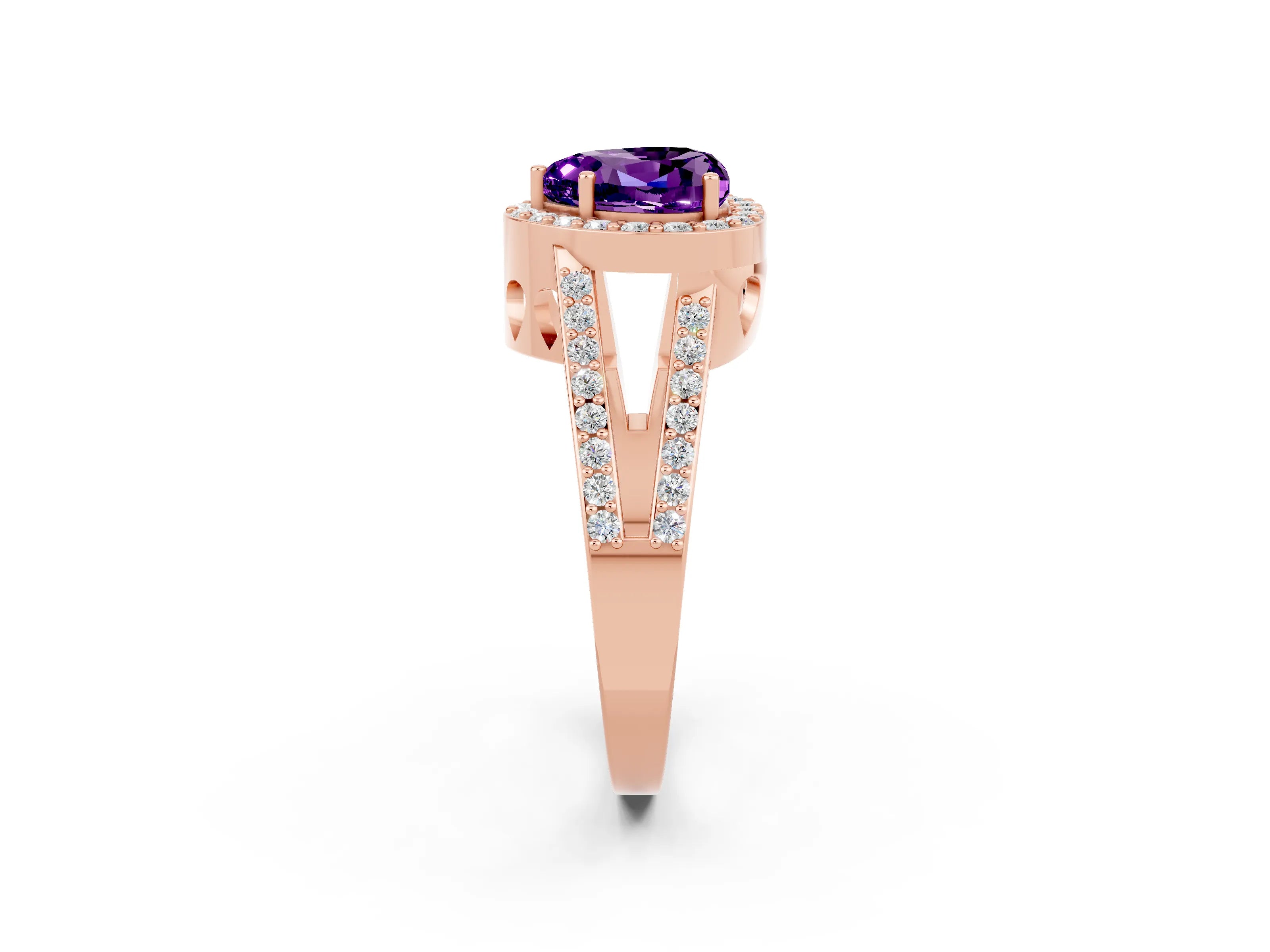 Rose gold Heart Cut Amethyst Halo Ring with Split Shank U-Prong Band and Four-Prong Setting_2