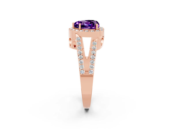 Rose gold Heart Cut Amethyst Halo Ring with Split Shank U-Prong Band and Four-Prong Setting
