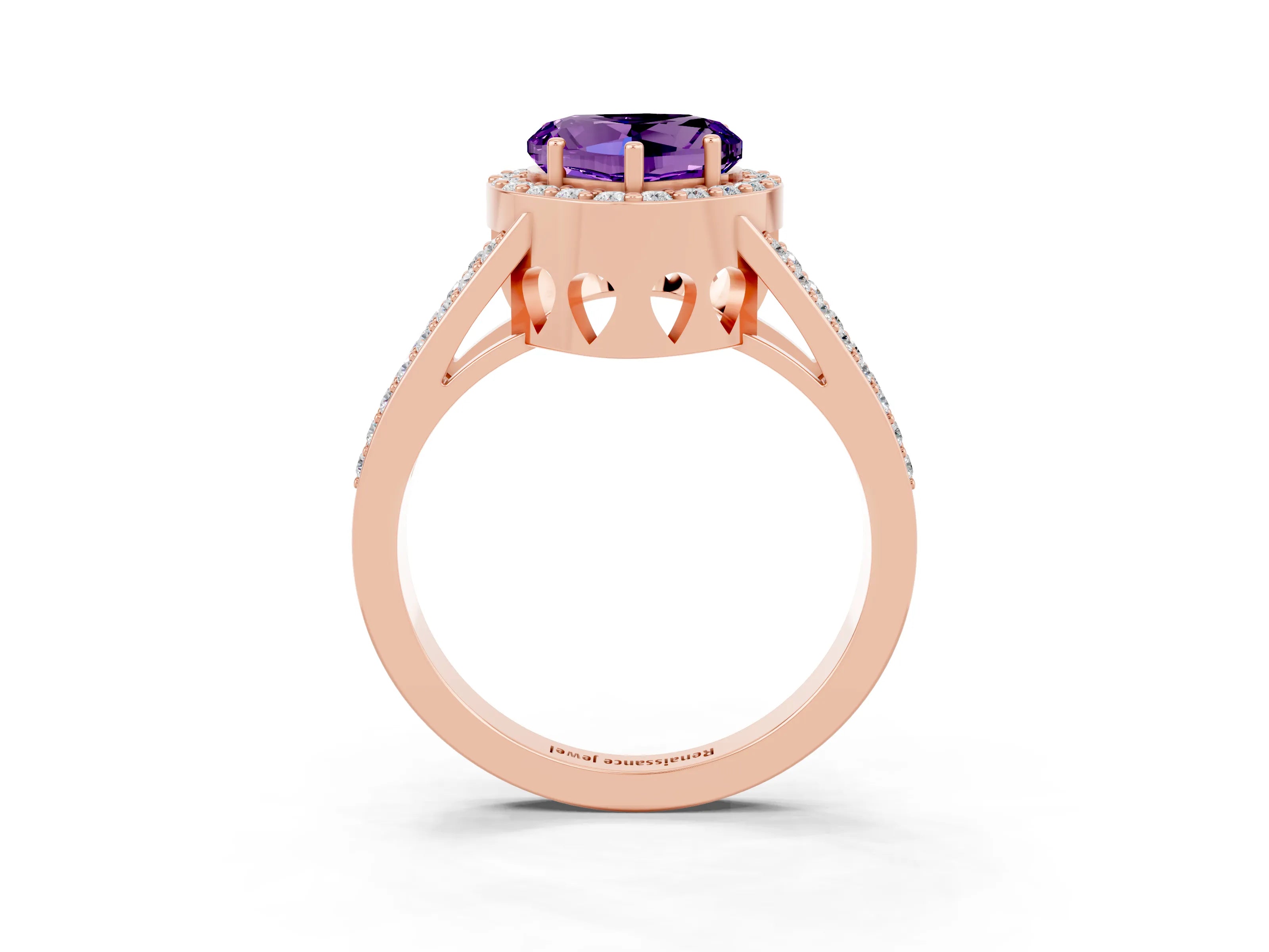 Rose gold Heart Cut Amethyst Halo Ring with Split Shank U-Prong Band and Four-Prong Setting_3