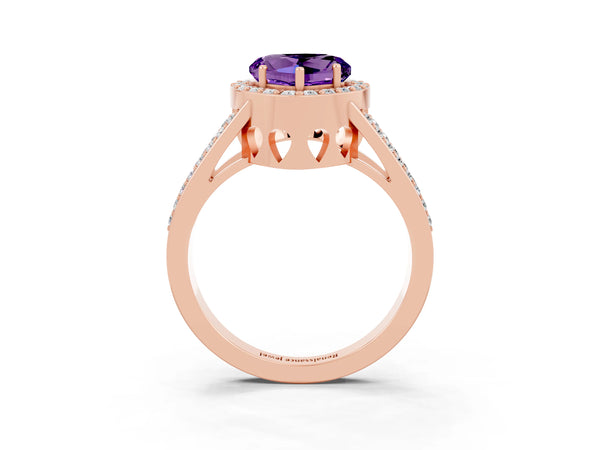 Rose gold Heart Cut Amethyst Halo Ring with Split Shank U-Prong Band and Four-Prong Setting