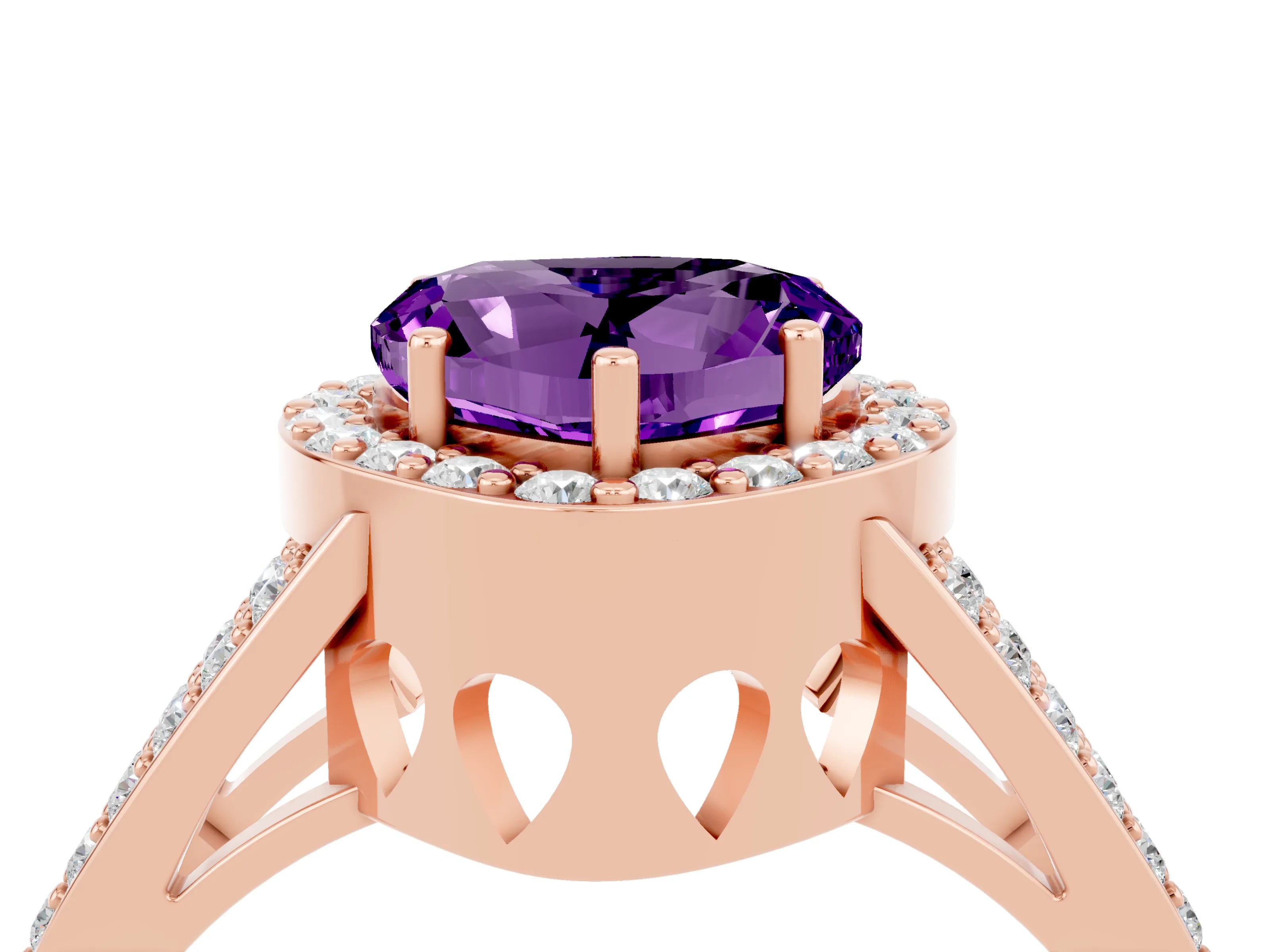 Rose gold Heart Cut Amethyst Halo Ring with Split Shank U-Prong Band and Four-Prong Setting_4
