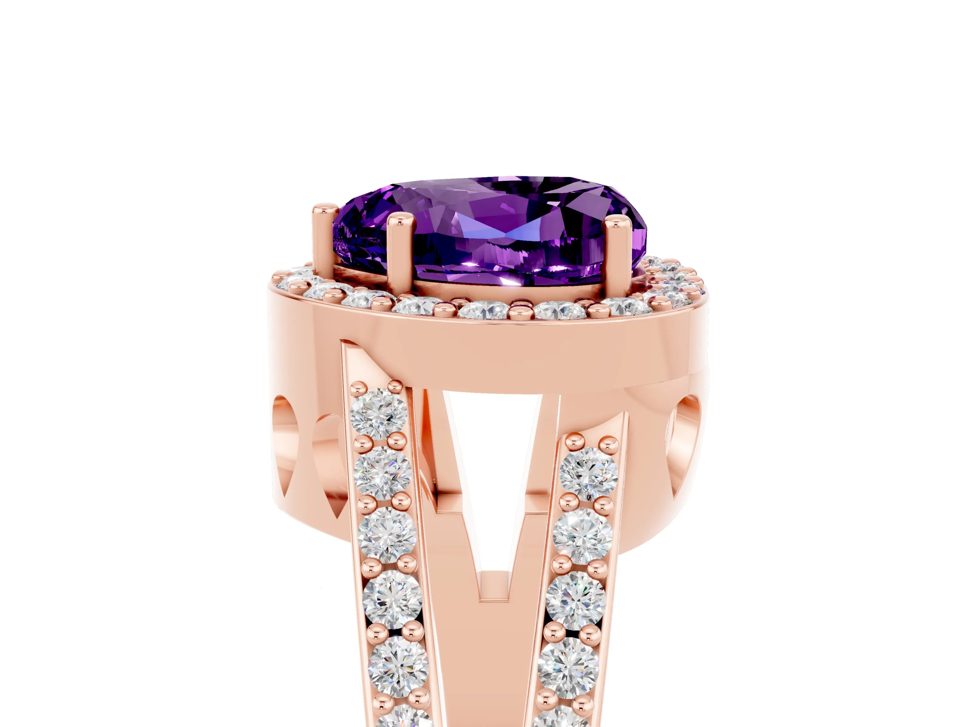 Rose gold Heart Cut Amethyst Halo Ring with Split Shank U-Prong Band and Four-Prong Setting_5