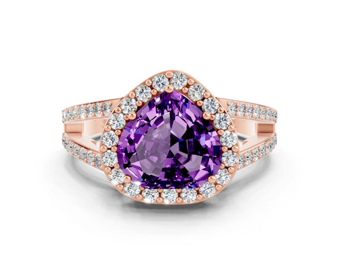 Rose gold Heart Cut Amethyst Halo Ring with Split Shank U-Prong Band and Four-Prong Setting