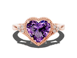 Rose gold Heart Cut Amethyst Halo Ring with Tapered Band and Four-Prong Setting
