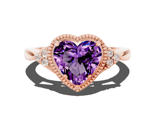 Rose gold Heart Cut Amethyst Halo Ring with Tapered Band and Four-Prong Setting