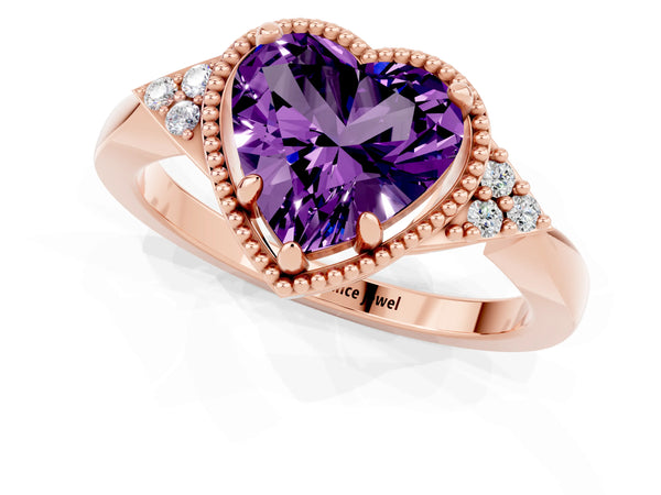 Rose gold Heart Cut Amethyst Halo Ring with Tapered Band and Four-Prong Setting