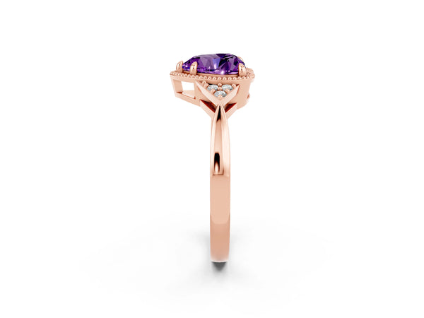 Rose gold Heart Cut Amethyst Halo Ring with Tapered Band and Four-Prong Setting