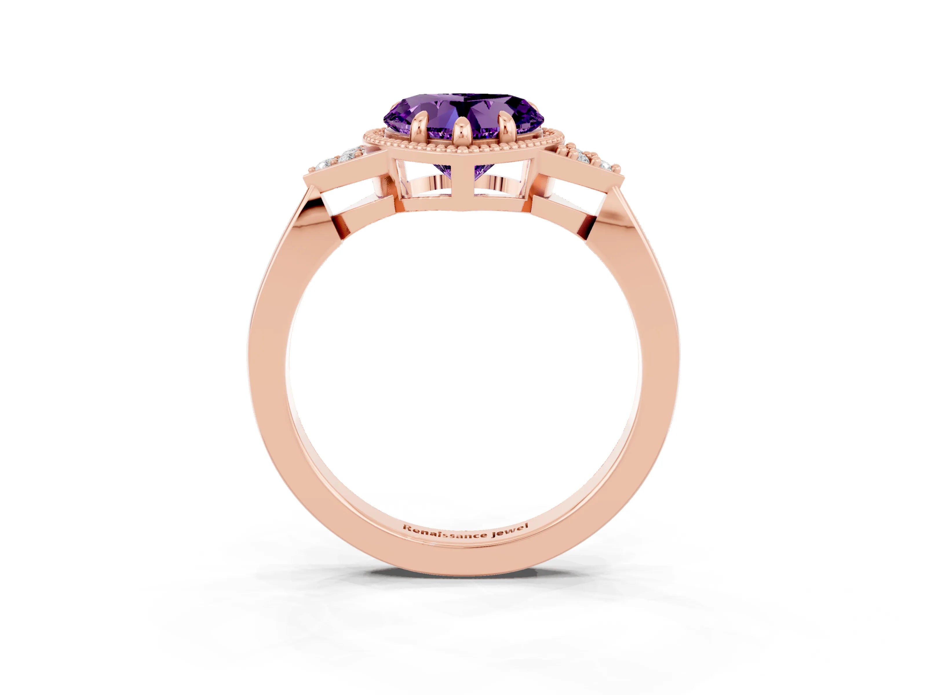 Rose gold Heart Cut Amethyst Halo Ring with Tapered Band and Four-Prong Setting_3