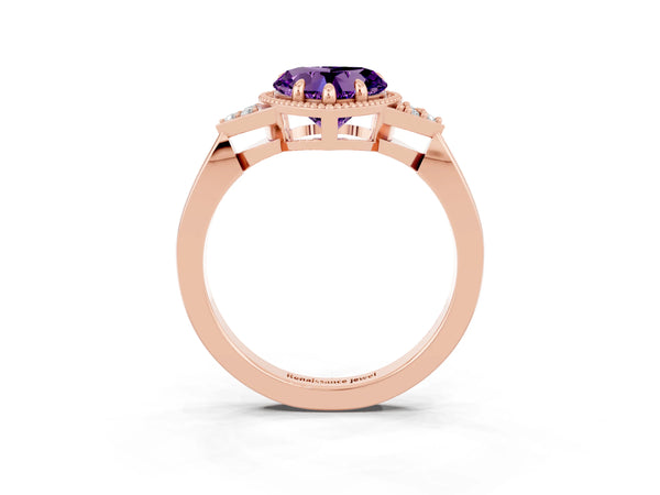 Rose gold Heart Cut Amethyst Halo Ring with Tapered Band and Four-Prong Setting