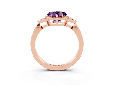 Rose gold Heart Cut Amethyst Halo Ring with Tapered Band and Four-Prong Setting_3