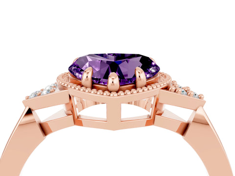 Rose gold Heart Cut Amethyst Halo Ring with Tapered Band and Four-Prong Setting_4