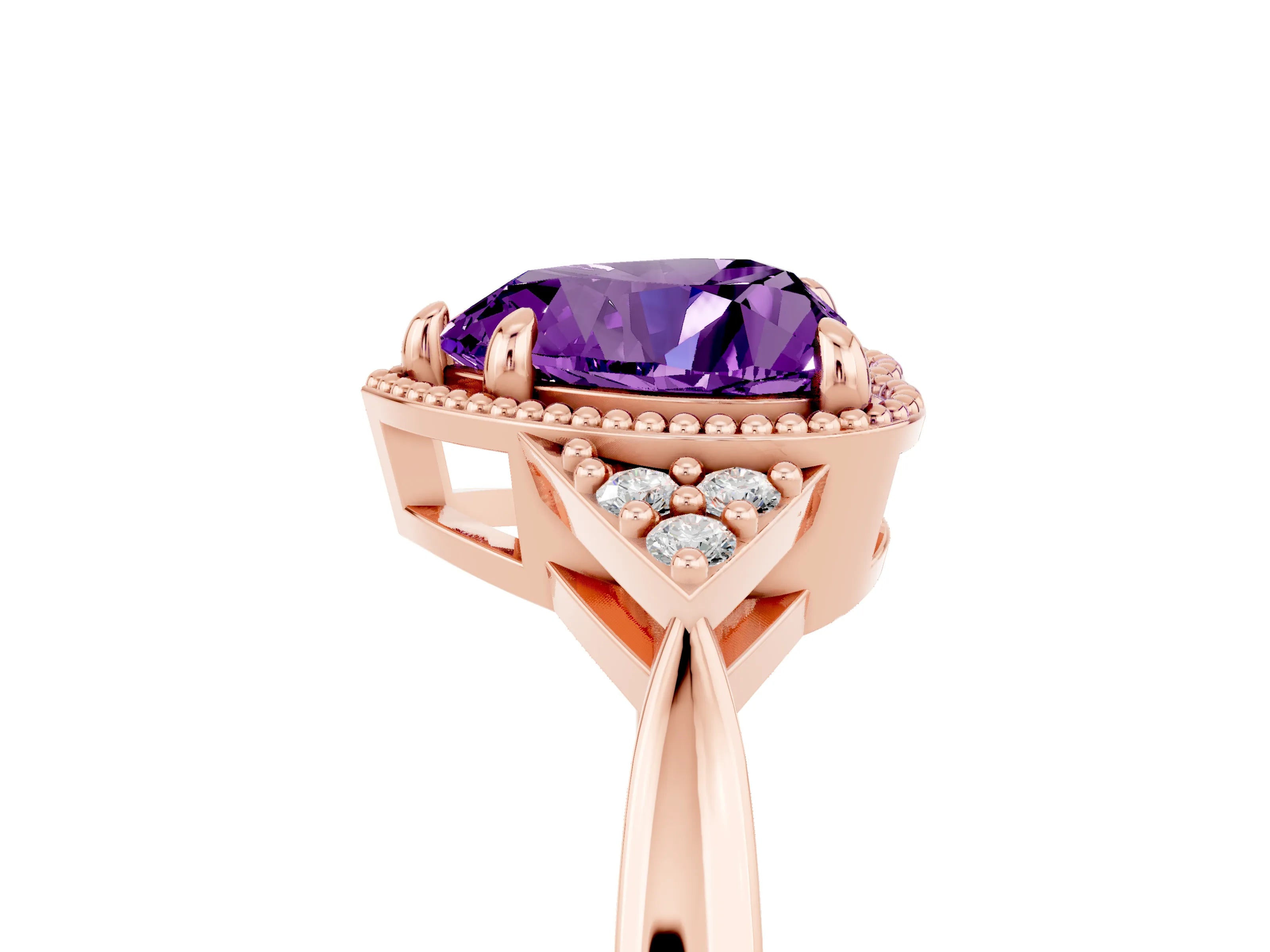Rose gold Heart Cut Amethyst Halo Ring with Tapered Band and Four-Prong Setting_5
