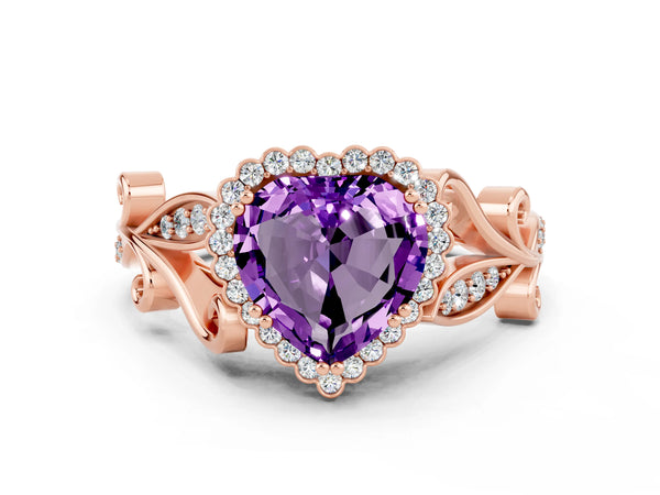 Rose gold Heart Cut Amethyst Halo Ring with Vintage Split Shank and Four-Prong Setting