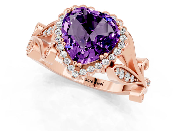 Rose gold Heart Cut Amethyst Halo Ring with Vintage Split Shank and Four-Prong Setting