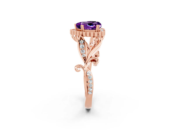 Rose gold Heart Cut Amethyst Halo Ring with Vintage Split Shank and Four-Prong Setting
