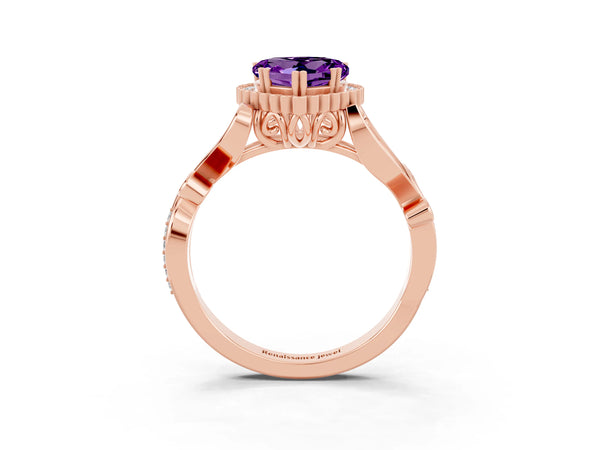 Rose gold Heart Cut Amethyst Halo Ring with Vintage Split Shank and Four-Prong Setting