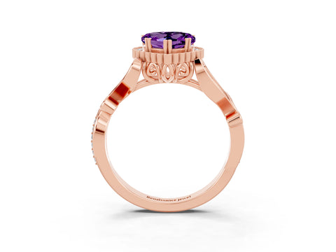 Rose gold Heart Cut Amethyst Halo Ring with Vintage Split Shank and Four-Prong Setting_3