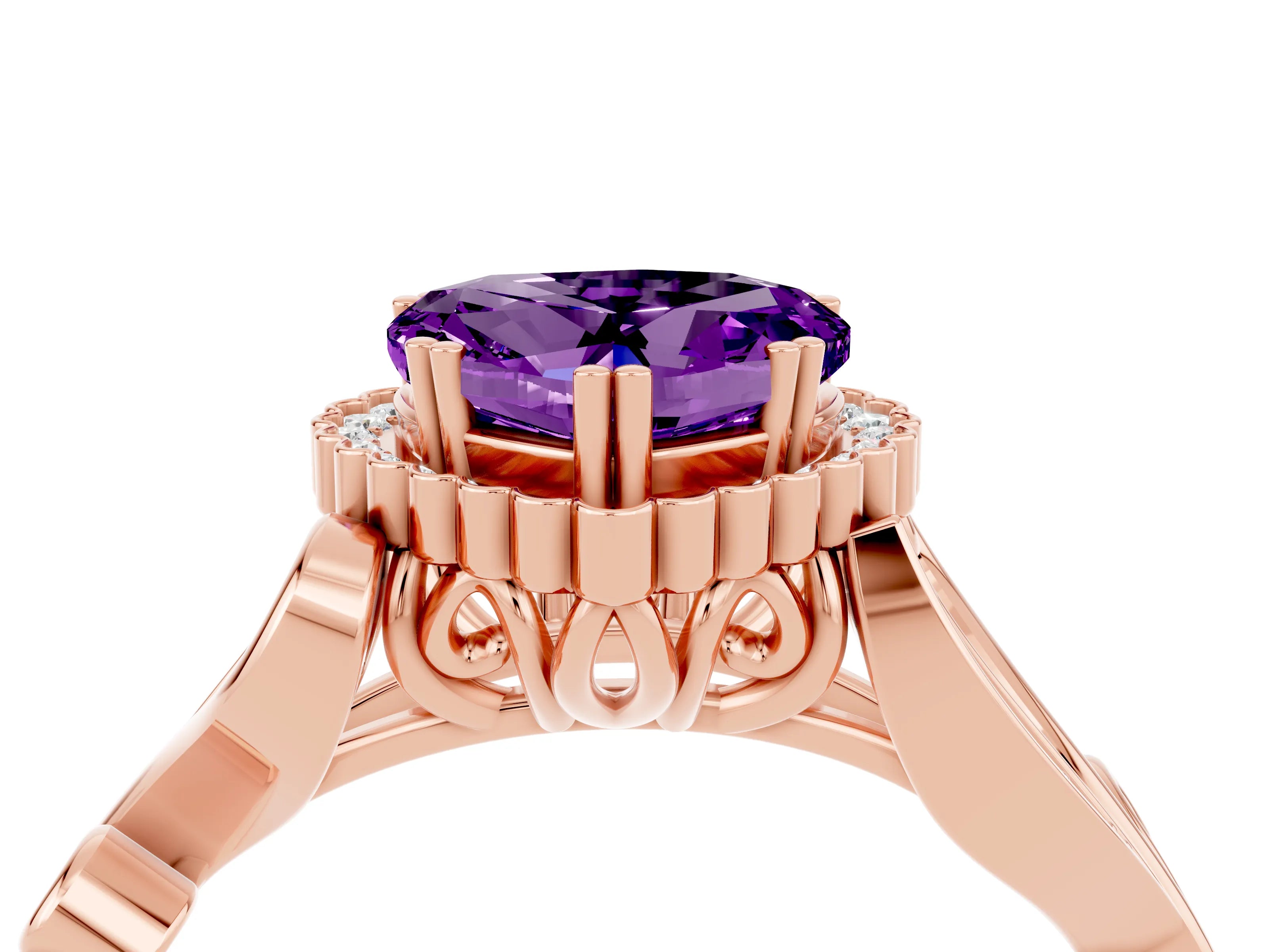 Rose gold Heart Cut Amethyst Halo Ring with Vintage Split Shank and Four-Prong Setting_4