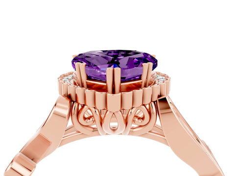 Rose gold Heart Cut Amethyst Halo Ring with Vintage Split Shank and Four-Prong Setting_4