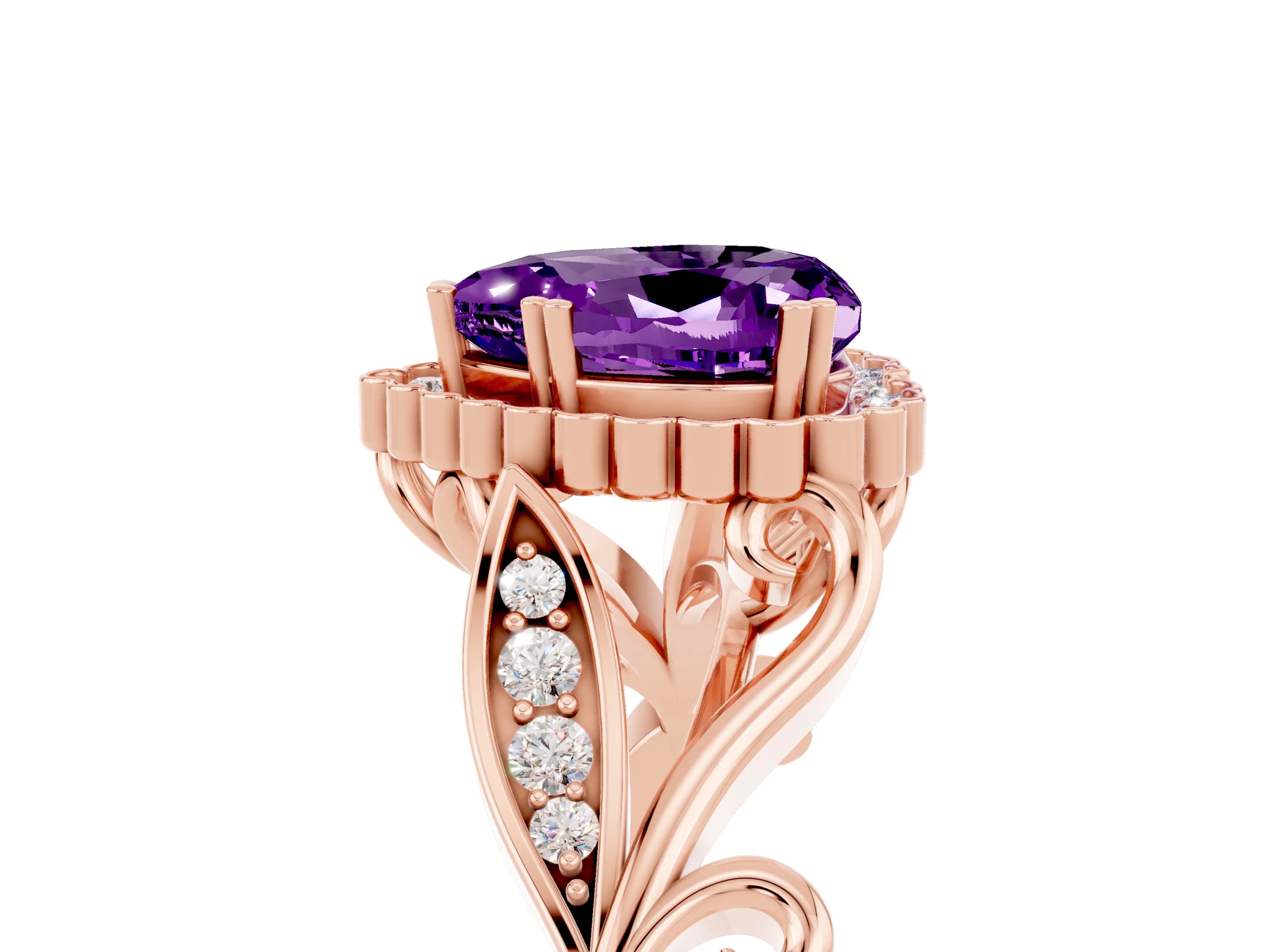 Rose gold Heart Cut Amethyst Halo Ring with Vintage Split Shank and Four-Prong Setting_5