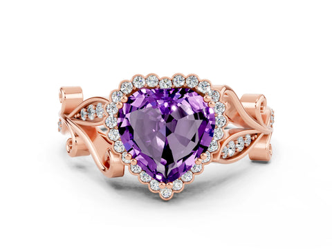 Rose gold Heart Cut Amethyst Halo Ring with Vintage Split Shank and Four-Prong Setting