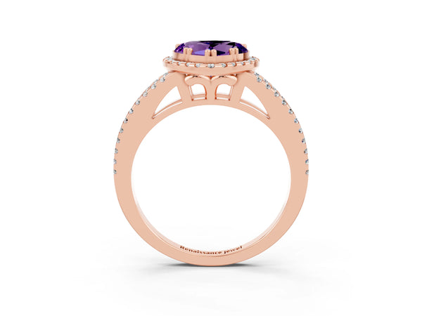 Rose gold Heart Cut Amethyst Halo Split Shank Engagement Ring